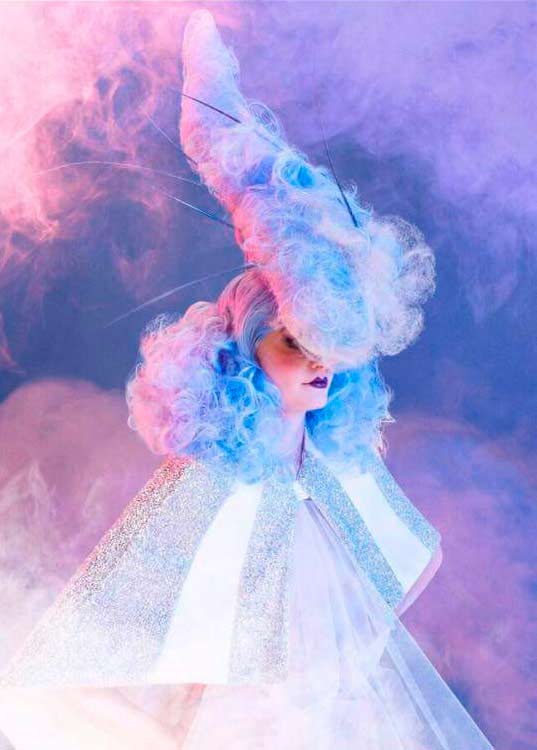 Creative Hair shoot in violet smoke Yana Kozyr model with blue hair