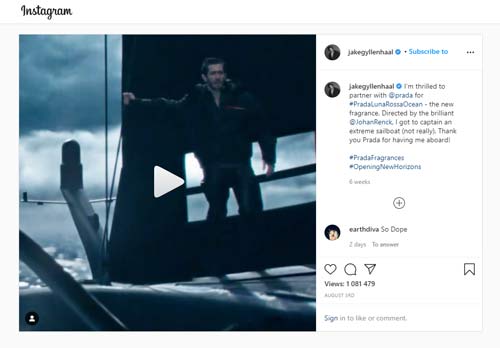 jakegyllenhaal instagram post about prada luna rossa ocean fragrance